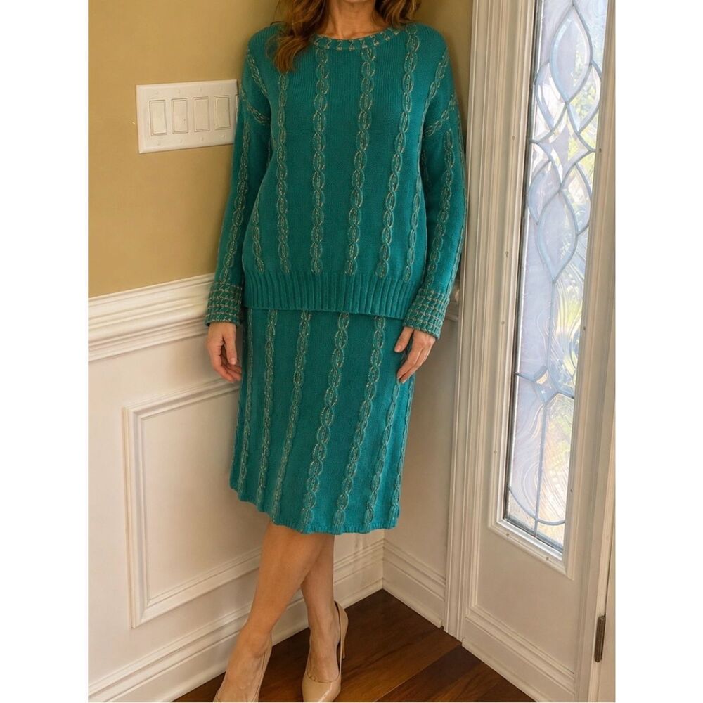 Vintage Bonnie Boerer sweater turquoise blue two piece  silver beads accent SZ1X